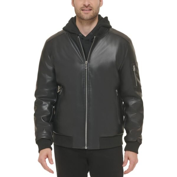 Calvin Klein Mens Faux Leather Bomber Jacket